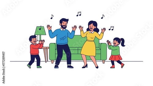 Dancing Family: A joyous family dances together in their living room, embodying the essence of togetherness, happiness and harmony. They are lost in the music, swaying to the rhythm.