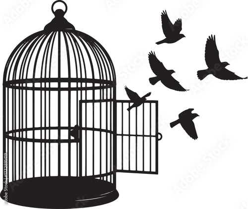 Birds flying from open cage silhouette, representing freedom and escape.
