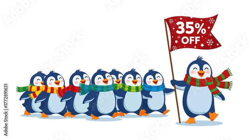 Winter Discount Parade: A festive parade of cheerful penguins in vibrant scarves proudly march, a banner declaring a special 35% discount for a limited time.