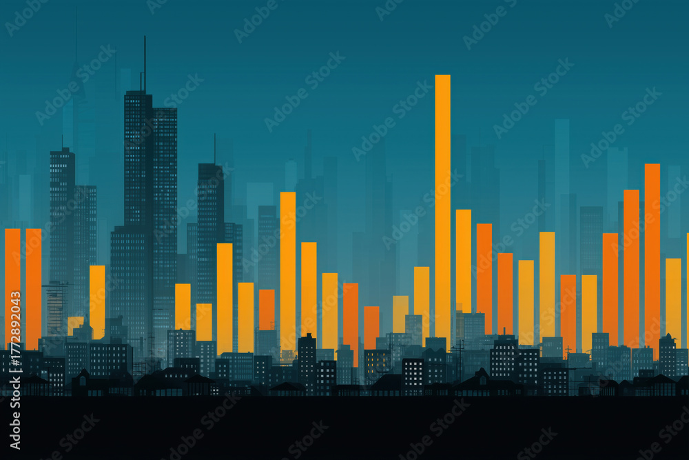 Obraz premium Silhouette of city skyline with tall buildings in foreground, vibrant orange and yellow vertical bars rising among skyscrapers, abstract representation of urban growth and data visualization
