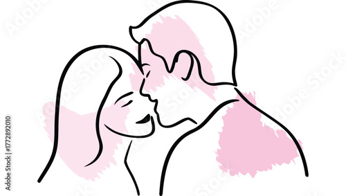 Close-up Couple's Faces Nearly Kissing with Brush Strokes romance love single line