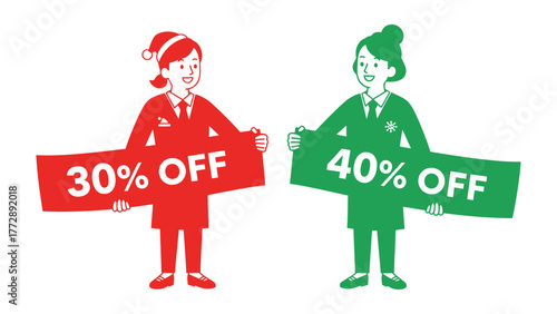 Discount Announcement: Two figures announce attractive discounts with vibrant colored signs, adding a touch of cheer and anticipation to the shopping experience.