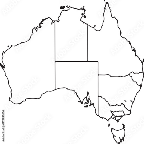 Outline map of Australian continent with internal state divisions black and white