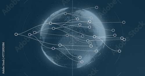 Rendering digital globe with luminous dots linking nodes on dark blue screen, with dotted rings