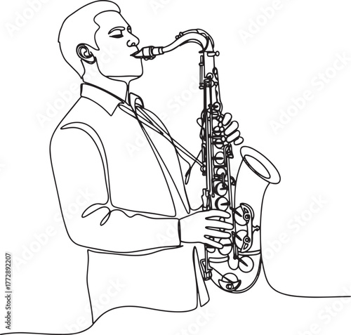 Continuous line art drawing of a man playing a saxophone, jazz musician.