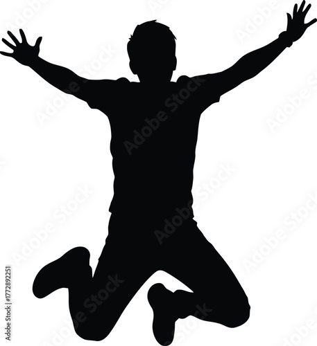 Silhouette of a man jumping with arms outstretched, isolated on white background