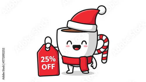 Festive Coffee: A cheerful coffee cup, adorned with a Santa hat and scarf, enthusiastically showcases a sale tag with a significant discount.