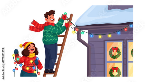 Festive Home Adornment: A cheerful couple, full of holiday spirit, decorates their home with vibrant lights, adding a touch of enchantment to the winter season. 