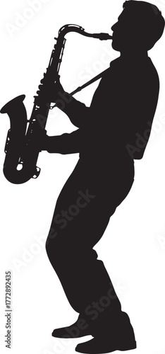Musician playing a saxophone, full-body vector silhouette isolated 