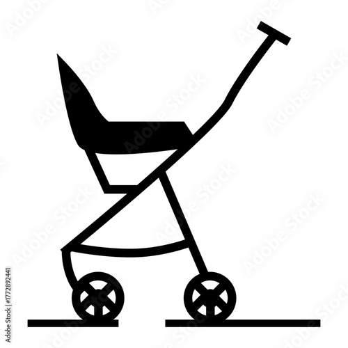 Black and white vector illustration of a baby stroller, minimalist design symbolizing infant transportation and parenting.
