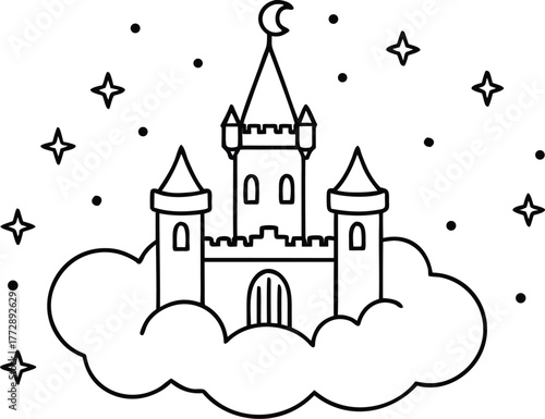 Enchanting magical castle floating on a cloud under a starry night sky with a crescent moon