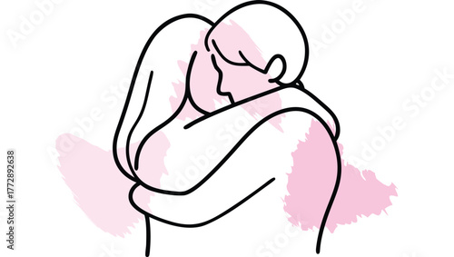 Couple Hugging Tightly Silhouette with Brush Strokes embrace love single line