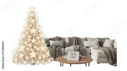 Festive Interior Design with 35% Off:  An inviting living room scene, with a modern Christmas tree, cozy sofa, and an alluring coffee table showcases festive elegance with a generous discount.