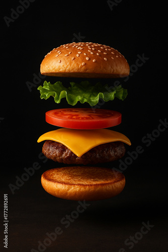 Exploded View of Cheeseburger with Floating Ingredients on Black Background