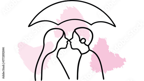 Couple Kissing Under An Umbrella With Brush Strokes symbolizing leaning single line