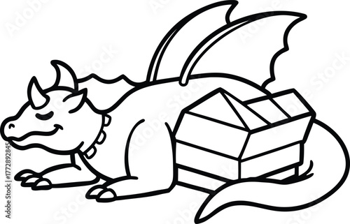 Fantasy illustration of a majestic dragon guarding a treasure chest filled with gold coins and jewels