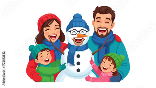 Family Joy in Winter Wonderland: A happy family is creating a snowman, filled with smiles and laughter, against a winter background. 