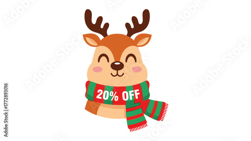 Festive Deer Offering a Discount: A cheerful cartoon reindeer, adorned with a vibrant scarf, advertises a generous 20% discount.