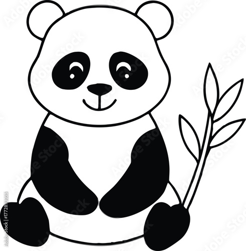 Adorable baby panda sitting peacefully with a stalk of green bamboo simple line art illustration for a banner or advertisement