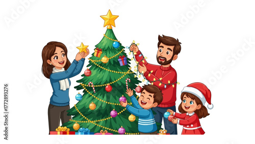 Family Christmas Decorating: A happy family gathered around a beautifully decorated Christmas tree, adorning it with festive ornaments. Capture the spirit of the season.