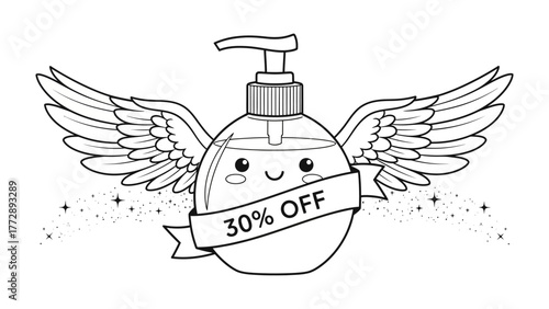 Soothing Soap: A whimsical illustration of a soap dispenser, complete with angel wings and the promise of a 30% discount.