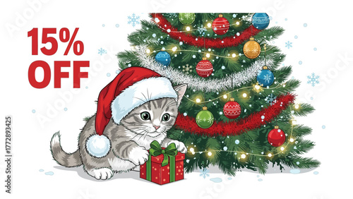 Festive Feline: An adorable kitten adorned in a Santa hat, gleefully unwrapping a gift, all against the backdrop of a decorated Christmas tree, evoking the spirit of holiday cheer.