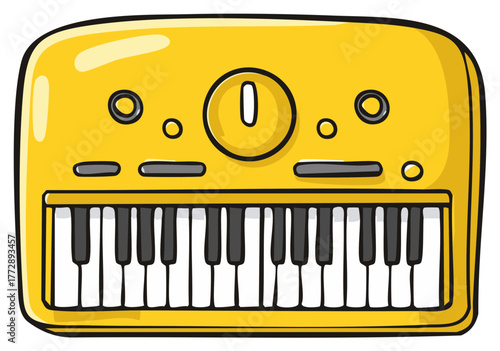 Yellow synthesizer with black and white keys, cartoon style illustration