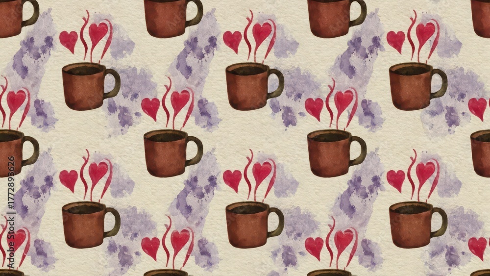 Fototapeta premium Seamless watercolor pattern with cups with heart