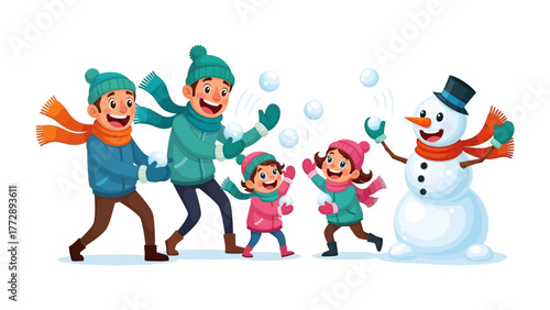 Joyful Snowball Fight: A lively family engages in a spirited snowball fight near a charming snowman, evoking the pure fun and delight of a winter day. 