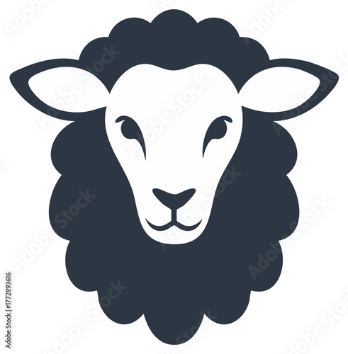 Stylized head of a sheep or ram in dark blue and white, front view