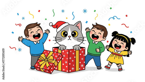 Holiday Joy: A festive illustration depicts a heartwarming scene of children celebrating with a surprised cat, nestled inside a gift box. Confetti rains down as they share laughter and cheer.