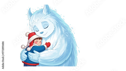 Winter Hug: A heartwarming scene unfolds as a child and a cuddly snow yeti share a warm embrace, creating a moment of pure affection and tender connection.
