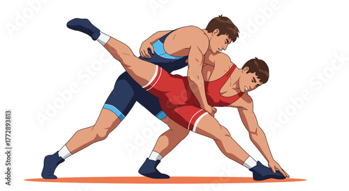 Two male wrestlers in red and blue singlets grappling during a competitive match.