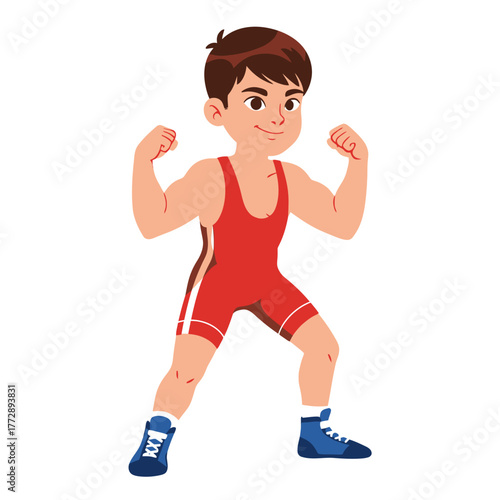 Cartoon illustration of a strong young boy in a red wrestling singlet flexing his muscles.