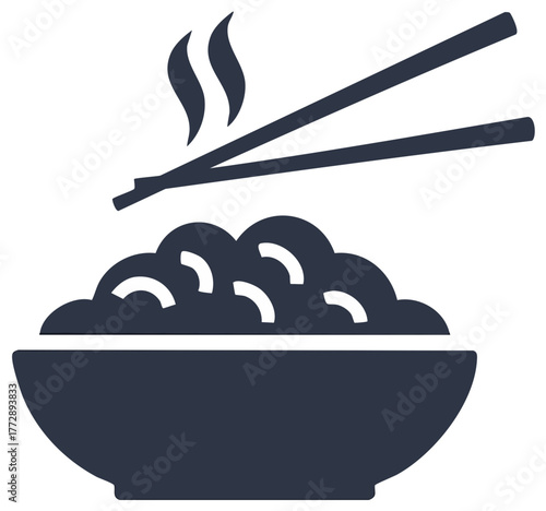 Stylized graphic of bowl of food with chopsticks and steam