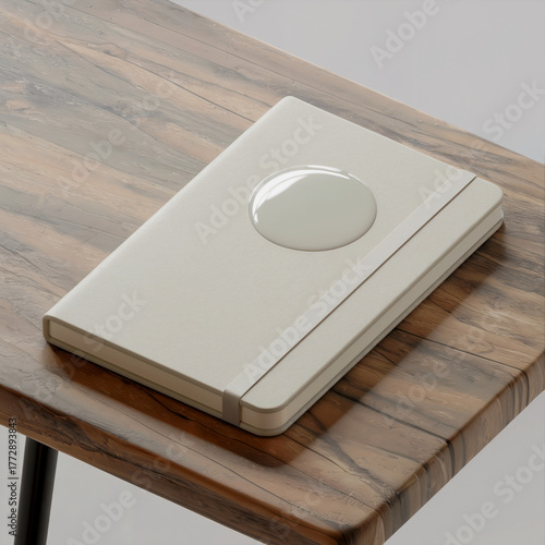 Digital tablet computer displaying a blank e-book cover on a wooden office desk