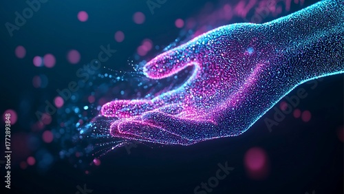 A mesmerizing digital art piece showcasing a hand crafted from glowing particles, reaching out with an ethereal aura. The image emanates innovation and technological prowess.