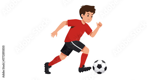 Cartoon illustration of a young boy in a red jersey playing soccer and dribbling the ball.
