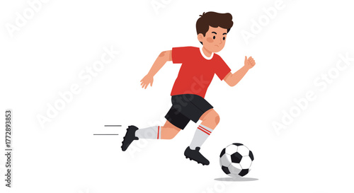 A young boy in a red shirt and black shorts running while dribbling a soccer ball.