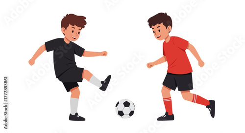 Two young boys in sportswear playing a game of football, isolated on a white background.