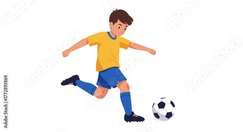 Cartoon illustration of a young boy in a yellow and blue sports uniform kicking a soccer ball.