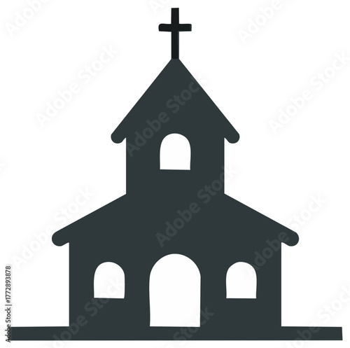 Stylized dark church building icon with Christian cross on steeple representing faith and worship
