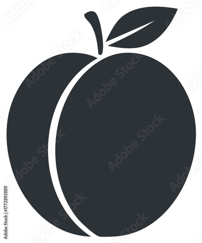 Simplified fruit illustration of a peach with leaf and stem in a minimal style