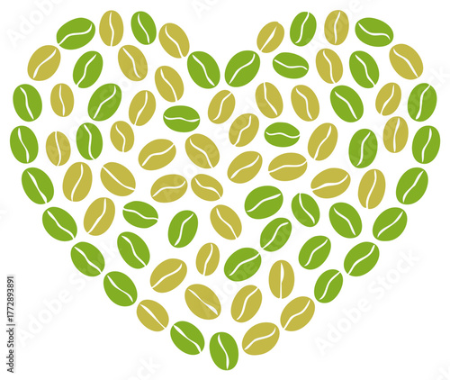 Unroasted green coffee beans arranged in a loving heart shape symbolizing fresh natural products and coffee passion