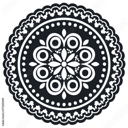 Decorative black and white floral mandala design, ornate circular pattern