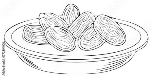 Simple line art drawing of dates in a dish healthy food illustration