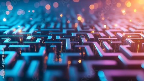 A detailed shot of a glowing maze with an abstract appearance