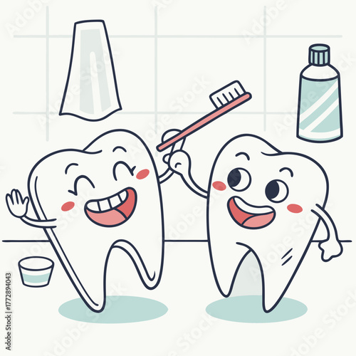 Cartoon teeth characters brushing each other happily.
