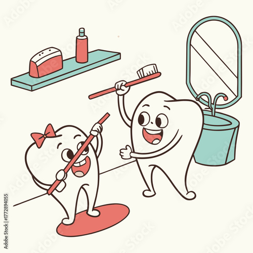 Cartoon teeth characters brushing each other happily.