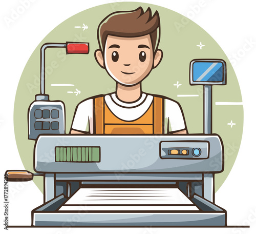 Man operating industrial printing press machine with paper output